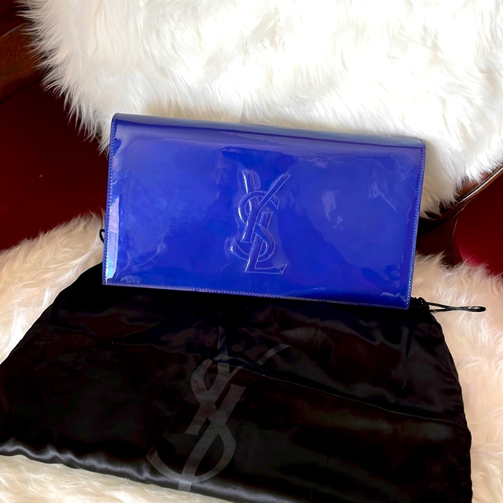 100 Authentic Ysl Clutch In Blue Patent Leather Gem